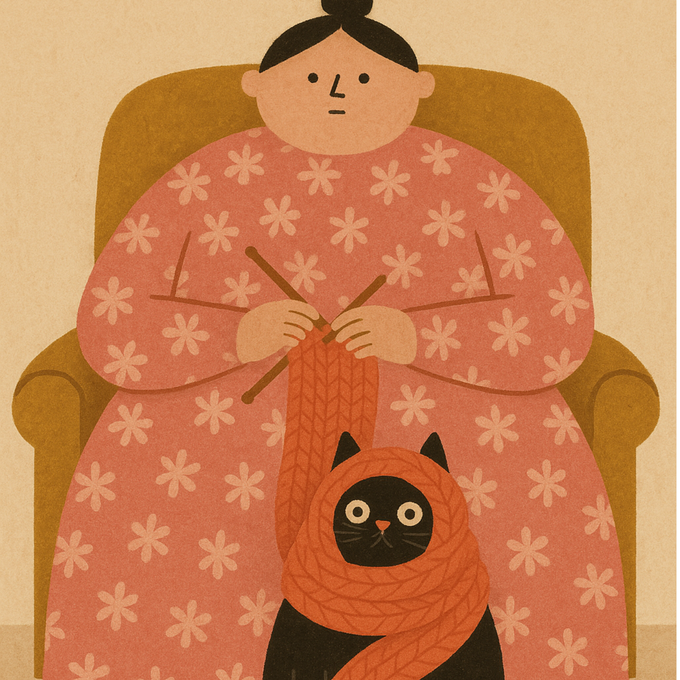 Wholesome and playful illustration of a woman with her cat — warm, character-rich print full of everyday joy and care.
