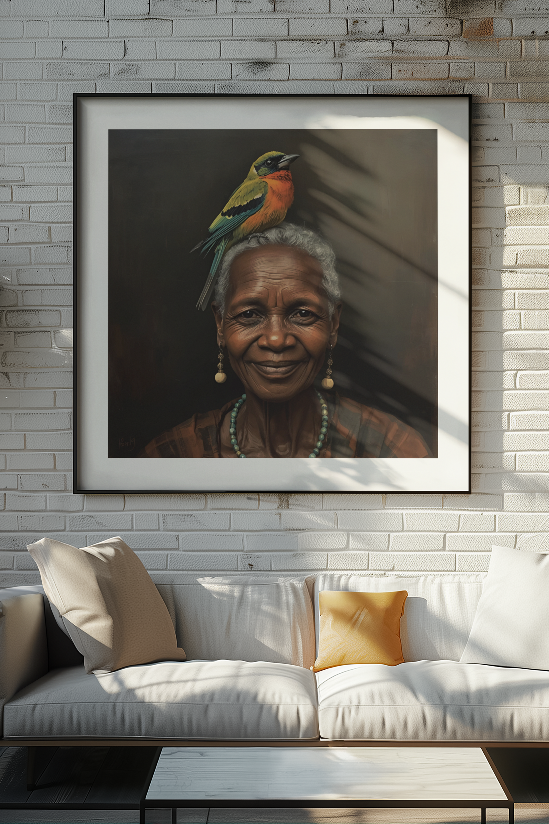 Portrait art print of an elderly woman with a colourful bird resting on her head, warm earthy tones and contemporary painterly style artwork.