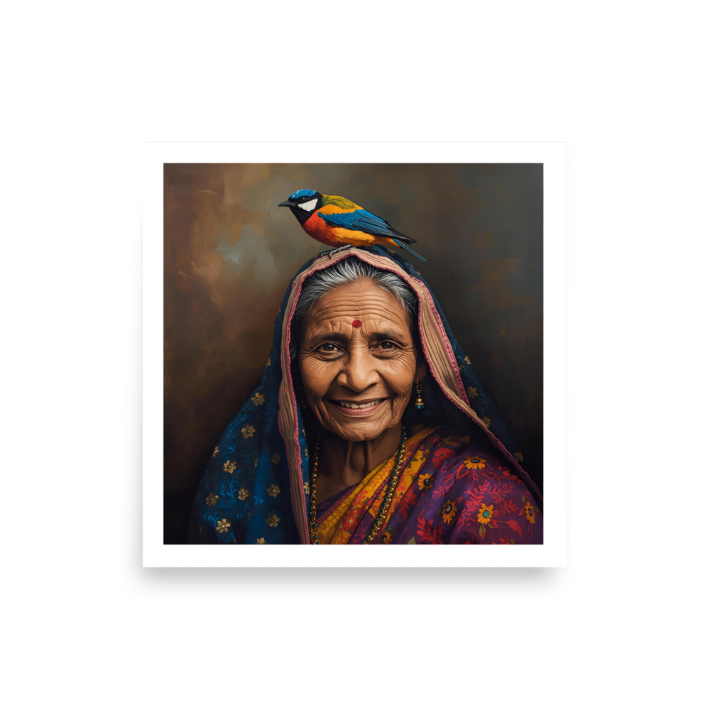 Portrait art print of an elderly woman wearing colourful traditional clothing with a bird resting on her head, warm tones and contemporary painterly style artwork.