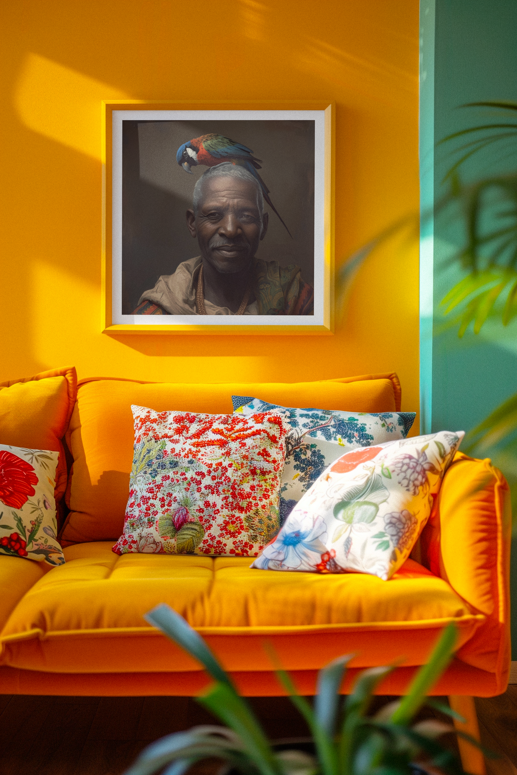 Portrait art print of a woman with a bird, warm earthy tones, expressive painterly portrait artwork for peaceful and nature inspired interiors.